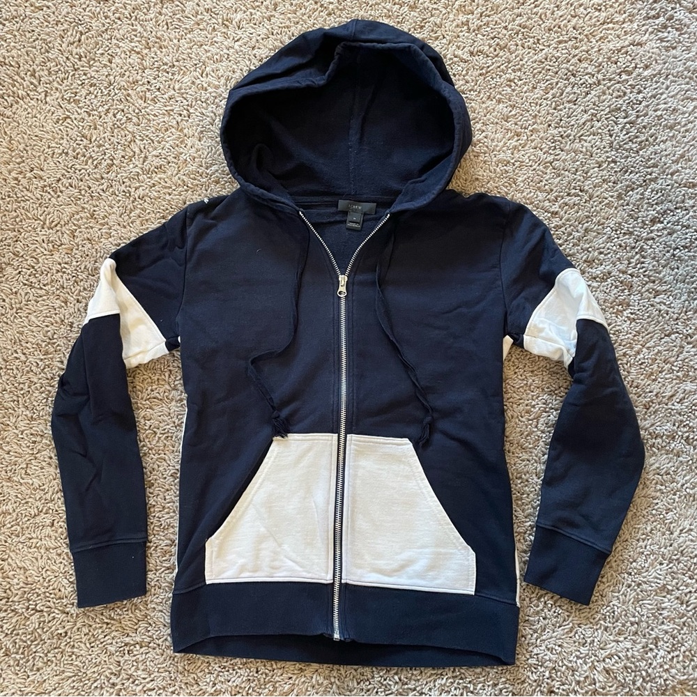 J Crew Colorblock Zip-Up Hoodie Sweatshirt Navy Off White Size X Small XS
